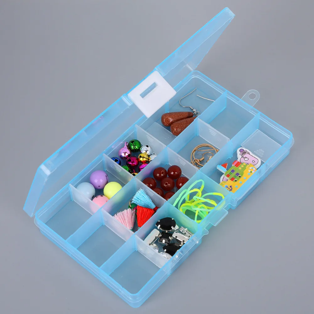 Portátil Plastic Jewelry Storage Box, 15 Grade, ajustável, transparente, anel, brinco, Beads Case, Travel Organizer, Bins, 5 cores