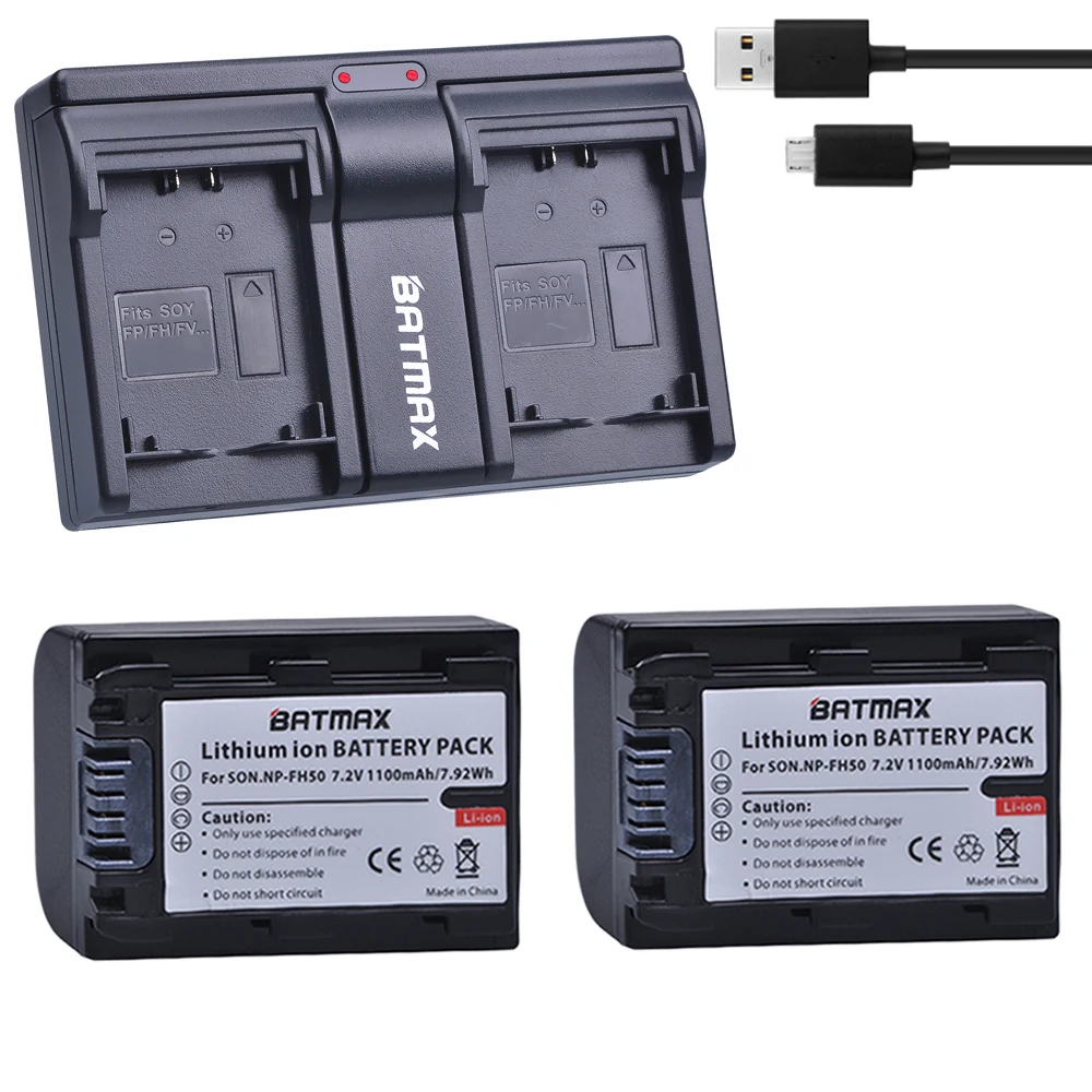 2Pcs 1100mAh NP-FH50 NP FH50 NPFH5 NP FH70 FH100 Batteries + USB Dual Charger for Sony A230 A290 A390 HX100 HX200 HDR-TG1E