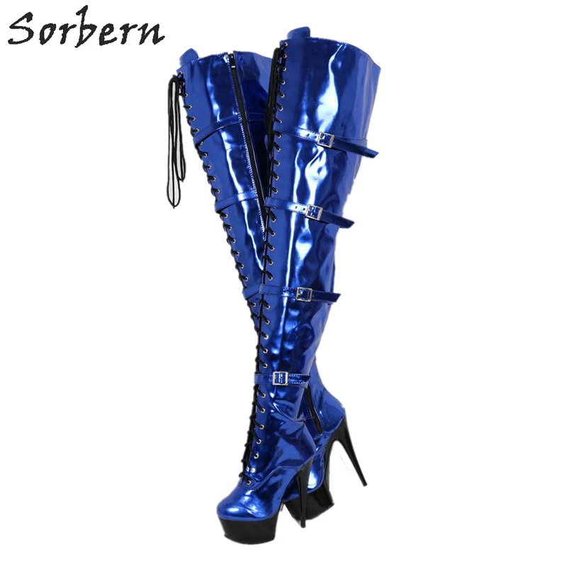 Sorbern Metallic Royal Blue Boots Stripper Pole Wide Calf Thigh High Boots Drag Queen Heels Women Size 12 Shoes Thick Heels