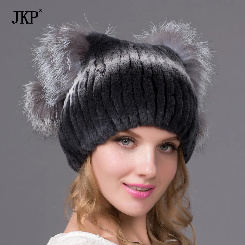 Women\'s Real Natural Rex Rabbit Knitted Winter Hat Warm Thick Fox Fur Ball Plush Cap Cute Stitching Female Header Gift THY-29