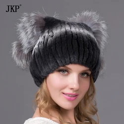 Women's Real Natural Rex Rabbit Knitted Winter Hat Warm Thick Fox Fur Ball Plush Cap Cute Stitching Female Header Gift THY-29