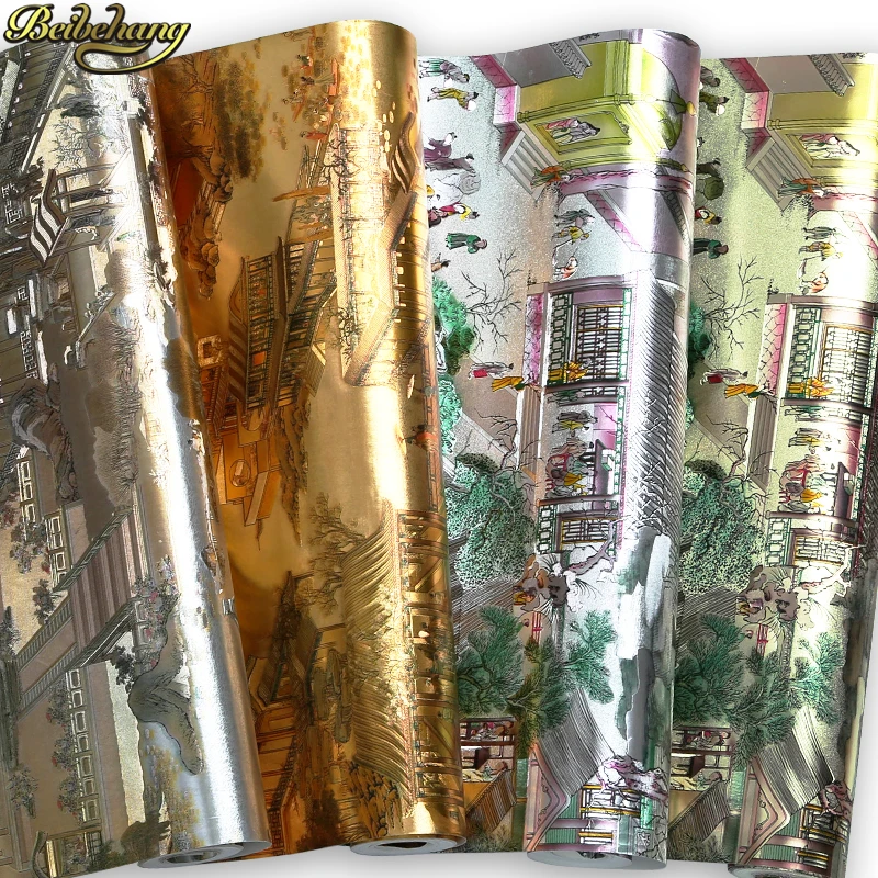 beibehang papel de parede 3D Chinese landscape gold foil wallpaper for wall paper roll golden KTV bar TV background living room