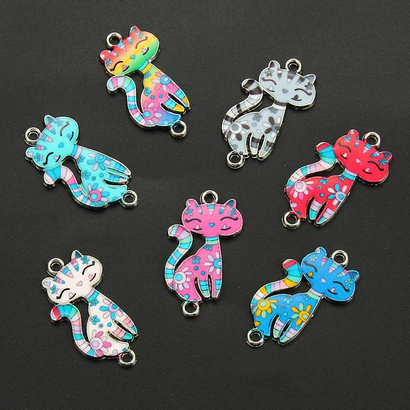 10pcs Cat Enamel Alloy Bracelets Connectors Animal Charms Fashion DIY Necklace Women Jewelry Accessories Finding 3*1.6cm