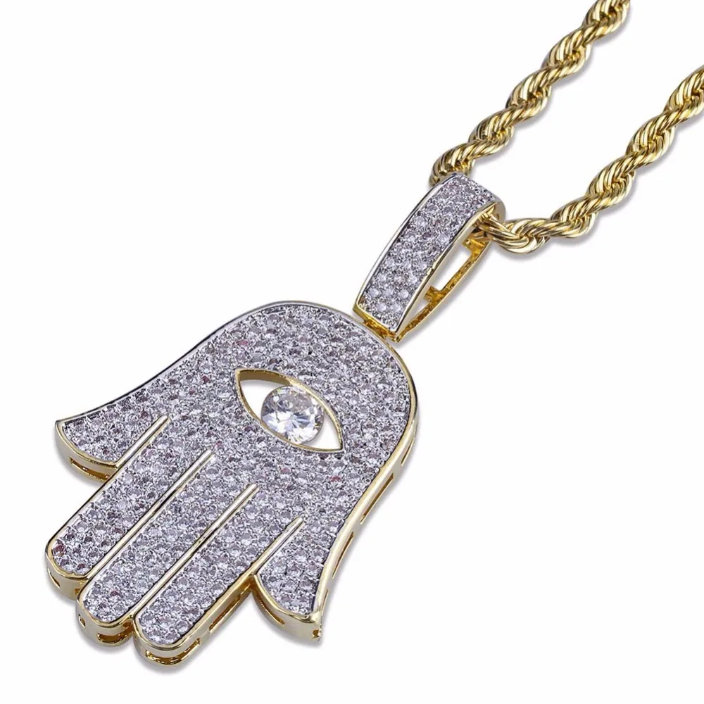 Full Rhinestone Pave Bling Ice Out Gold Color Fatima Hand Amulet Pendants Necklaces for Men Hip Hop Rapper Jewelry