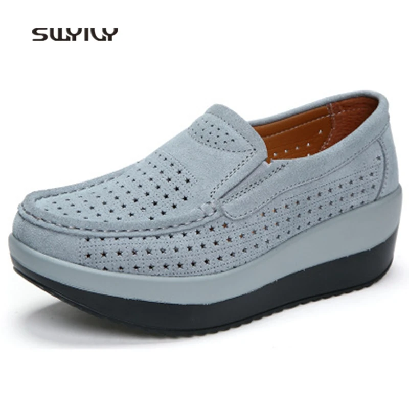 

SWYIVY Women Toning Shoes Genuine Leather Thick-sole Breathable Swing Shoes 2018 Summer Hollow Big Size 42 Female Slimming Shoes