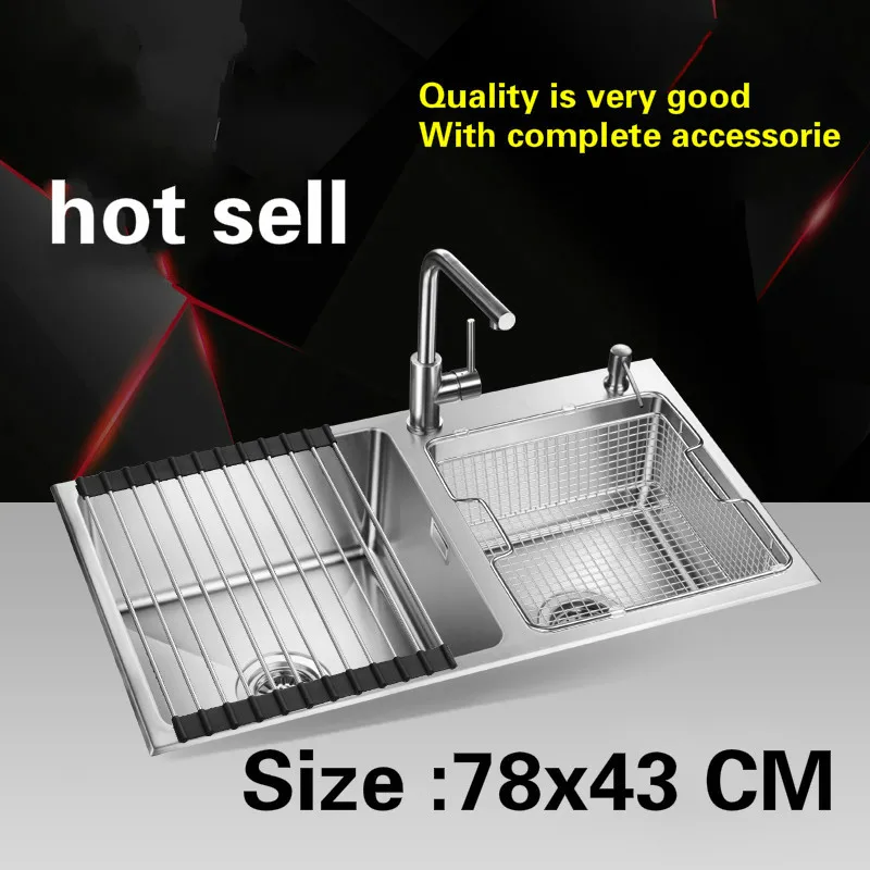 

Free shipping Household standard kitchen manual sink double groove do the dishes durable 304 stainless steel hot sell 78x43 CM