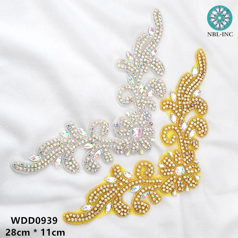 

(30pcs) wedding dress AB gold beaded crystal rhinestone neckline appliques iron on for wedding dresses WDD09389