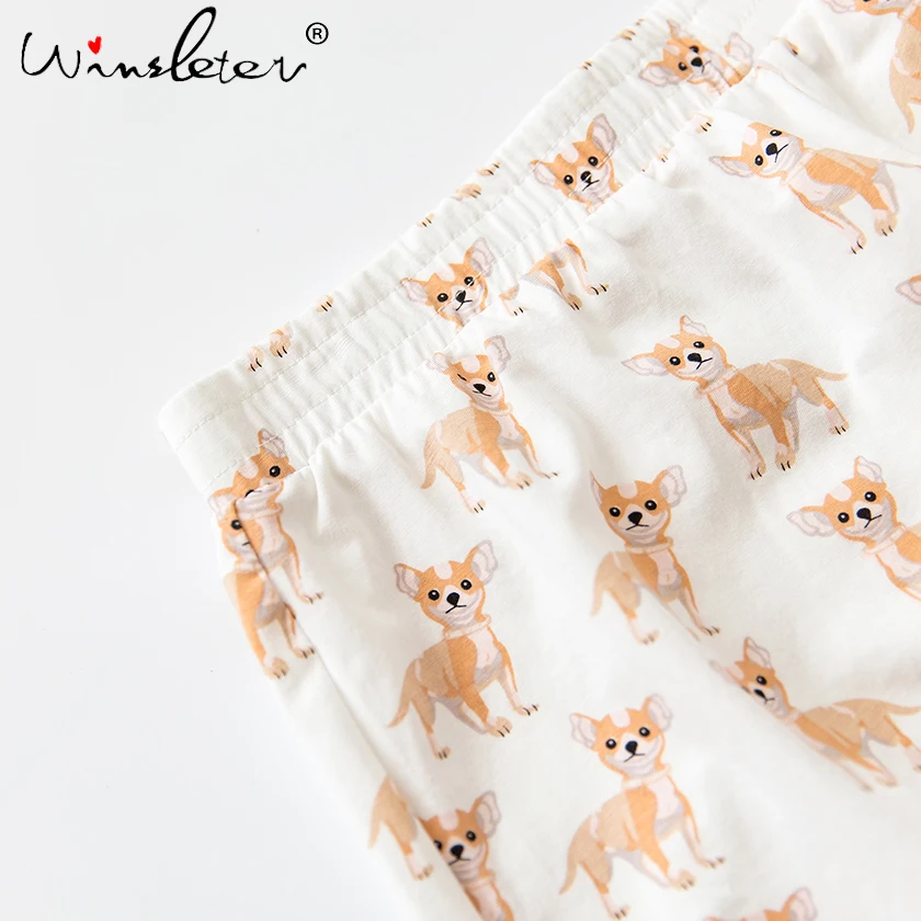 Niedliche Pyjama Sets Baumwolle Chihuahua Print Crop Top + Shorts 2 Stück Set Hund Pyjamas Lose Top Elastische Taille Lounge pijamas S61003