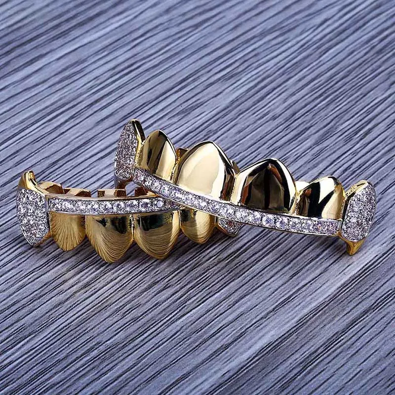 Men's Hip Hop Fang Top Bottom Vampire teeth Grillzs Set Gold Silver Color Micro Pave CZ Rhinestone Bling Iced Out Rapper Jewelry