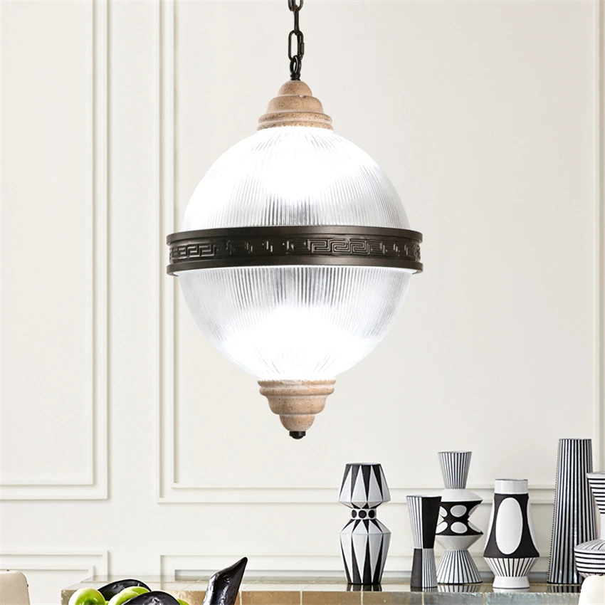 American Country Earth Glass Pendant Lights Restaurant Bar Table Wood-crafted Hanging Lamps Olive Ball Living Room Deco Fixtures