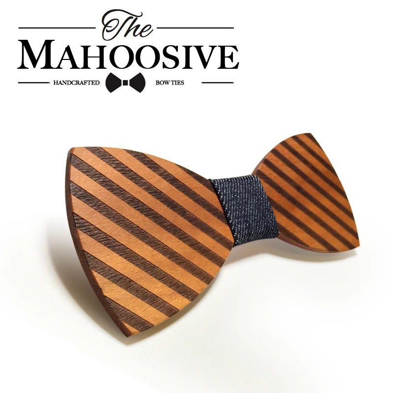 Mahoosive Striped Wood Bow Tie For Men Classic Wooden Bowties Neckwear Butterfly Wood Bow Tie Cravats Accessories Bowknot