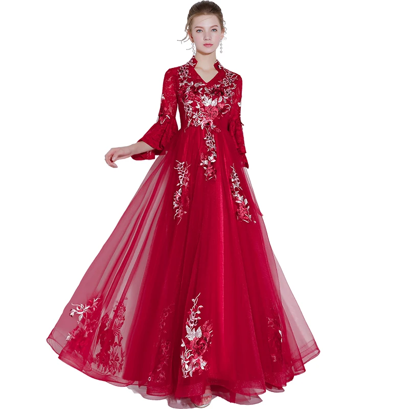 

Beauty Emily Wine Red Lace Evening Dresses 2019 O Neck A line Formal Party Prom Dresses Floor-length Court Train Evening Gown