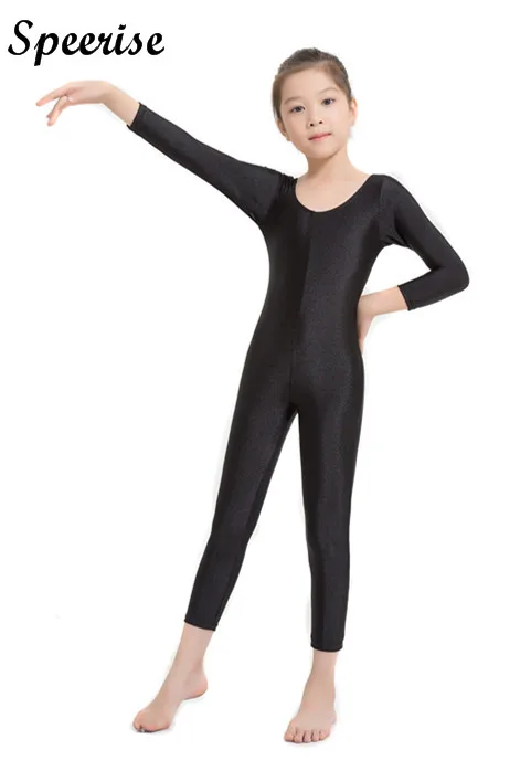 SPEERISE Girls Long Sleeve Black Unitard Boys Skin Tight Bodysuits Spandex Full Body Scoop Neck Yoga Dancewear