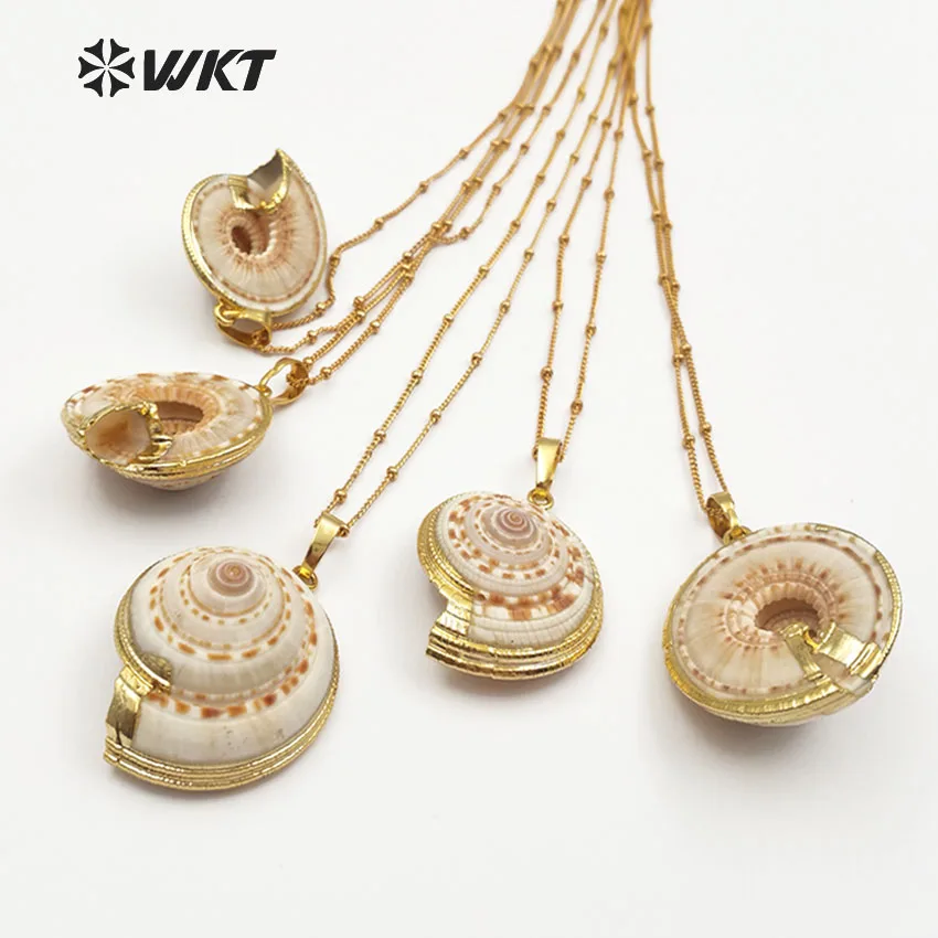 WT-JN001 Wholesale Natural statement necklace raw sea trumpet shell necklace with 24k gold dipped chain necklace