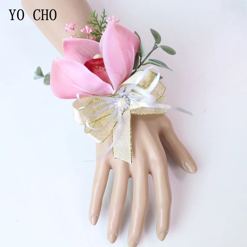 YO CHO Groom Men Boutonniere White Magnolia Brooch Plant Corsage and Diamond Pearl Bride Wrist Flowers Wedding Decor Silk Flower