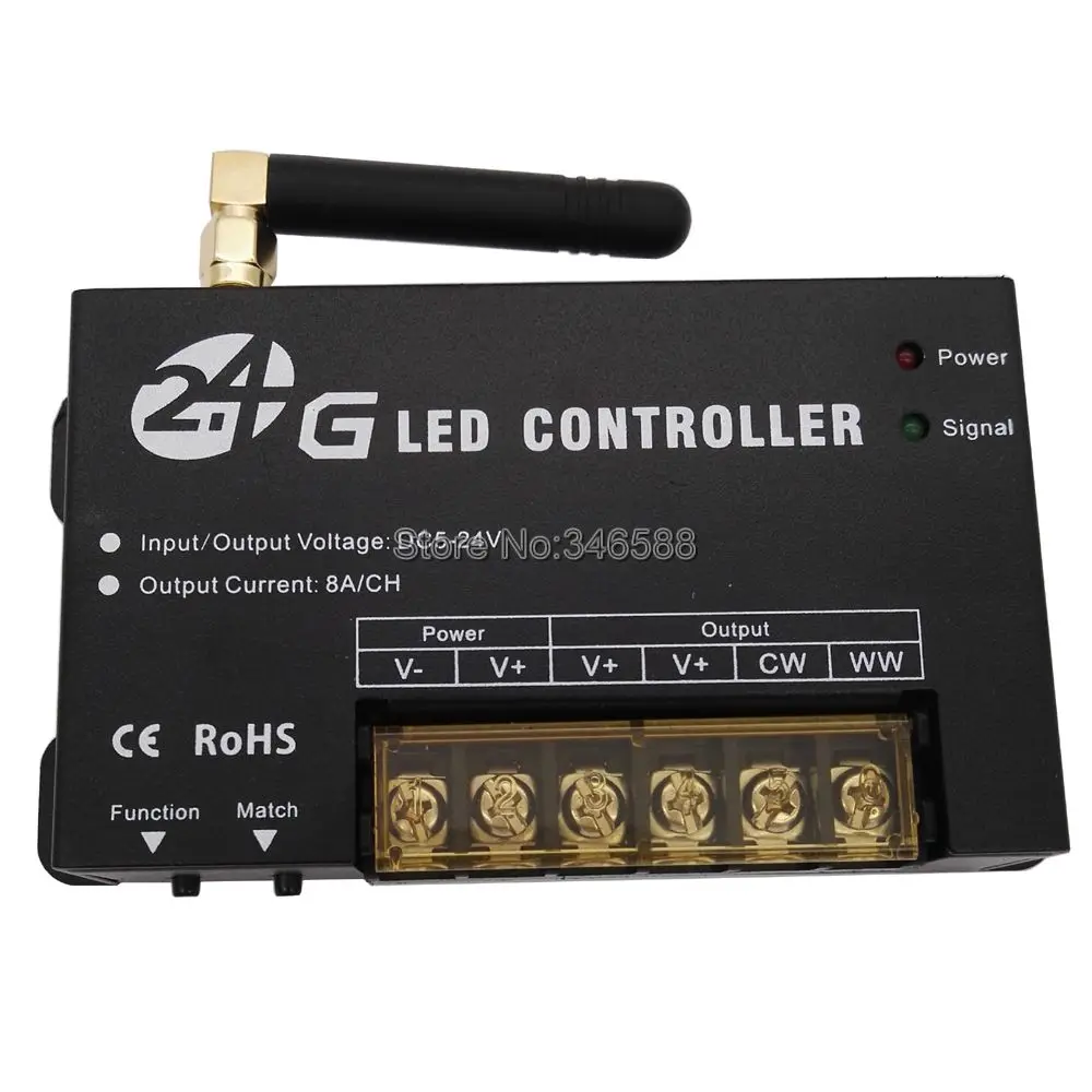 DC5-24V 8Ax 2 Channel Color Temperature Adjustable Controller RF202 with 2.4GHz RF Touch Remote for Dual White(CW/WW) LED Strips