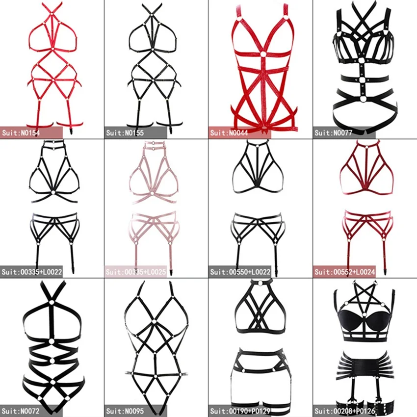 

Full Body Harness Caged Bra Elastic Adjust Hollow Out Sexy Lingerie Garters Goth Pentagram Strappy Crop Tops Set Halloween Rave