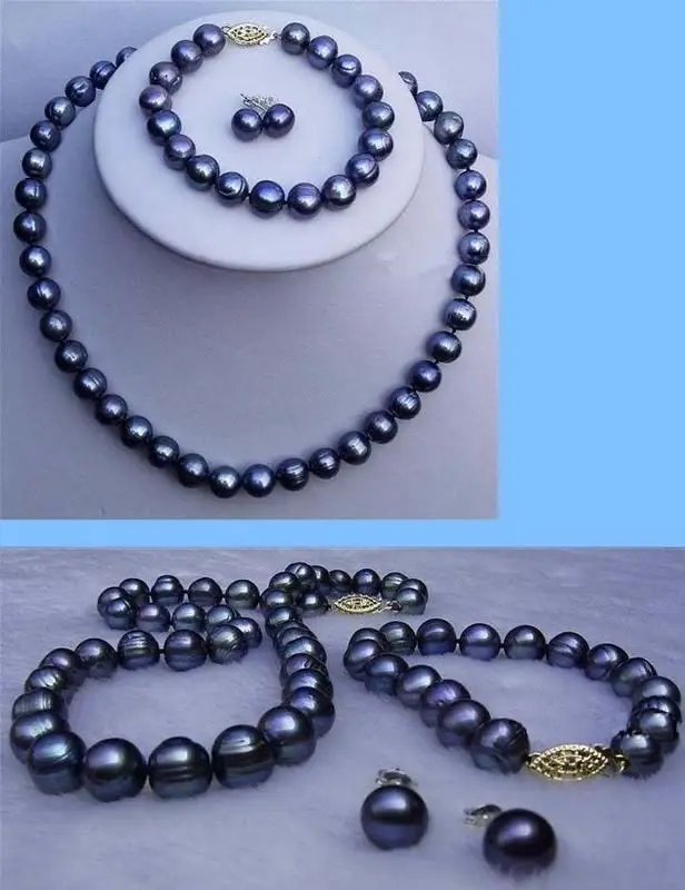 shipping 7-8mm black Akoya Cultured Pearl necklace/bracelet/earrings set 18\