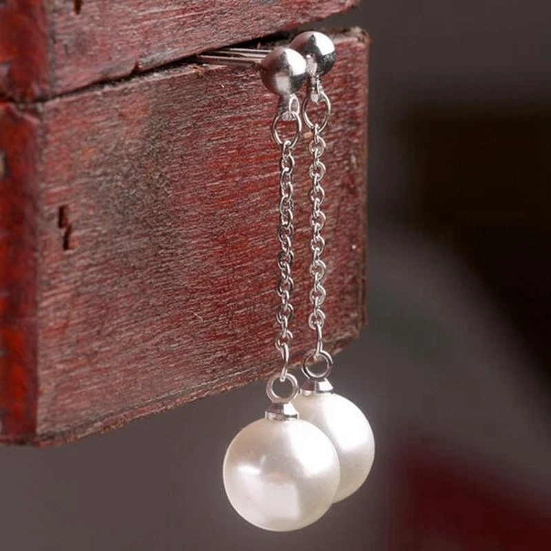 OMHXZJ Wholesale  temperament Elegant Simple Fashion for Woman Gift Pearl 925 Sterling Silver Long Tassel Stud Earrings YS252 image 4