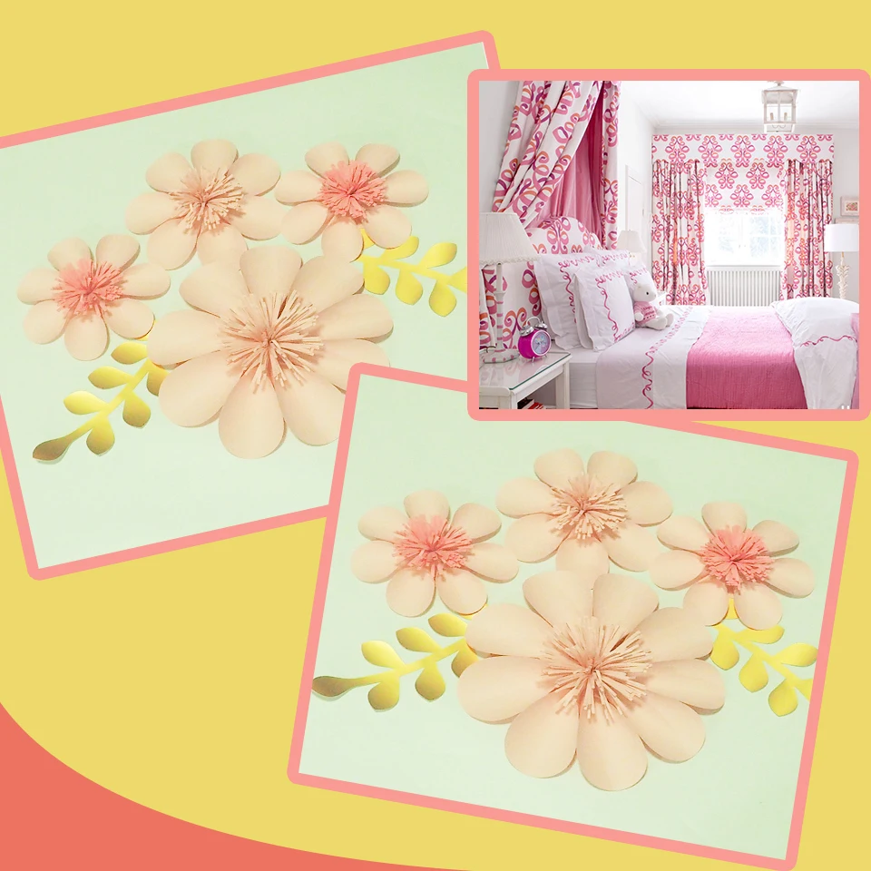 2018 DIY Giant Paper Flowers Backdrop Full Kits 4PCS + Leaves 2PCS Baby Nursery Decor Bedroom's Wall Paper With Video Tutorials