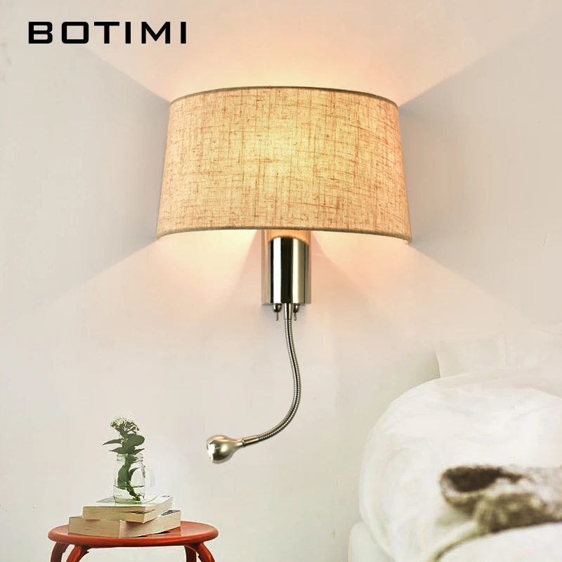 BOTIMI Modern LED Wall Light With Fabric Lampshade For Bedroom Bedside Applique murale luminaire LED Warm Light Wall Sconce