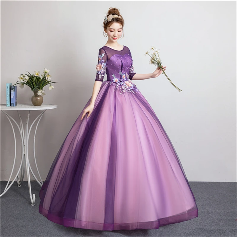 Elegant Ball Gown Pearls Embroidered Flowers Long Evening Dress Party Masquerade Solo Performance Host Dress Robe De Soiree 40