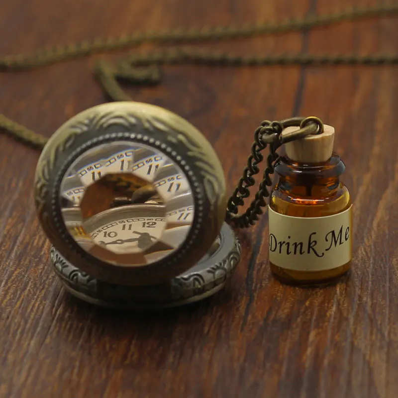 Hot Vintage Bronze Drink Me Wishing Bottle Pocket Watch with Chain Necklace Pendant Gift