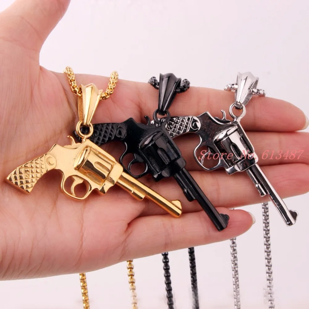 New Fashion Jewelry Silver Gold Black Color Revolver Pistol Pendant Hip Hop Style Necklaces Beaded Chain Men's Jewelry