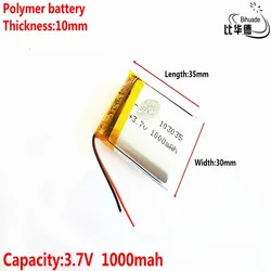 Dobra jakość 3.7 V, 1000 mAH 103035, polimerowa bateria litowo-jonowa/akumulator litowo-jonowy do tablet pc BANK, GPS, mp3, mp4