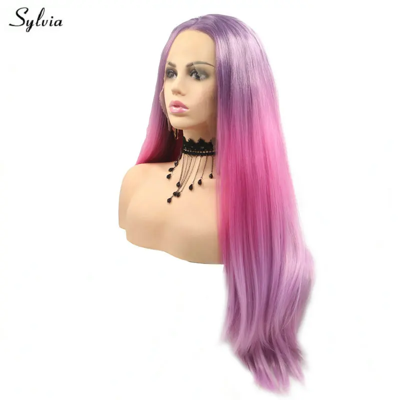 Sylvia Purple Wig Ombre Rose Lavender/Pink Hair Soft Synthetic Hair Straight Lace Front Wig Cosplay Costme Party Hair For Women