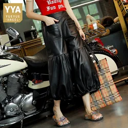 New Women Loose Fit Casual Sheepskin Genuine Leather Wide Leg Pants Harajuku Fashion Pocket Ankle Length Real Leather Pants
