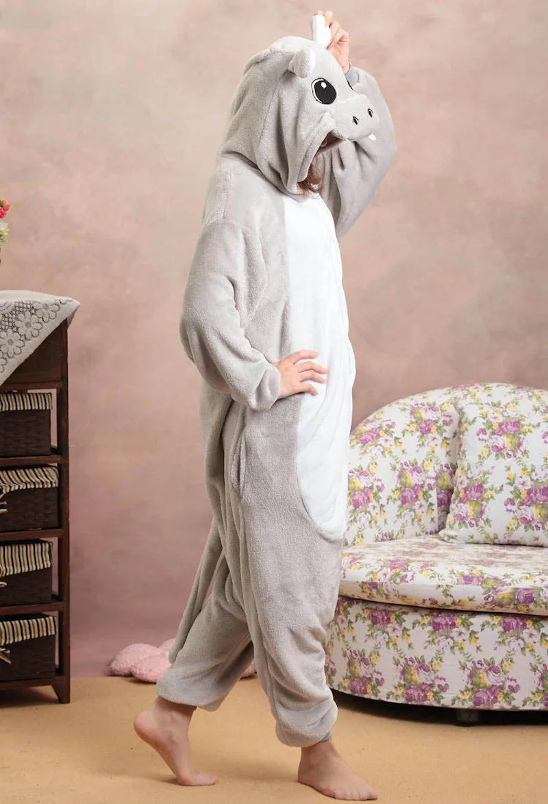 Pyjama Animal Hippopotame gris pour adultes, grenouillères en flanelle unisexe, vêtements de nuit, robe de dessin animé pour garçons, costume Cosplay