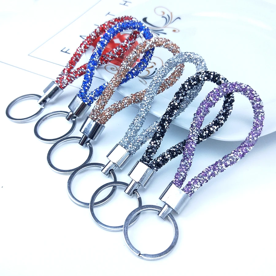 Colorful Candy Colors Sparkling Crystal PU Leather Rope Keychain For Couples Women Men Girl Car Bag Accessories Gift Keyring