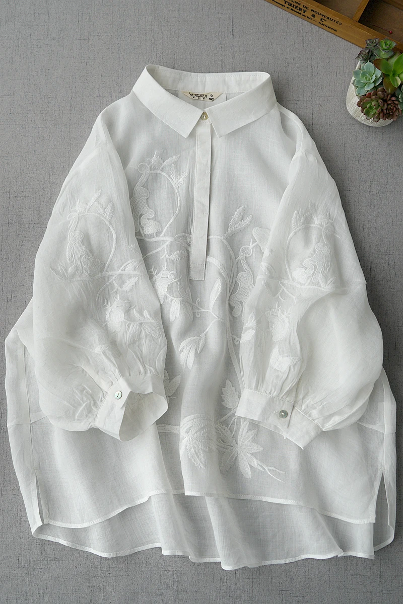 Spring Summer Women Casual Loose Plus Size Mori Girls Flower Embroidery Comfortable Basic Ramie Shirts/Blouses