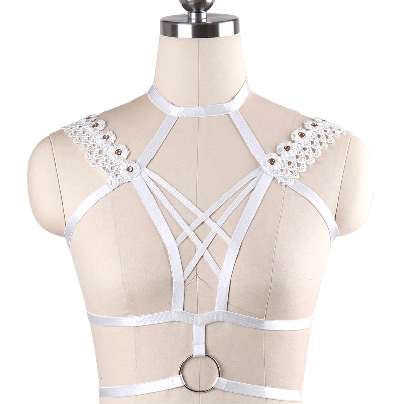 

Sexy Bondage Harness Fetish Rave Wear Crop Top Bra White Body Cage Bra Flowers Wedding Lingerie Handmade Body Harness