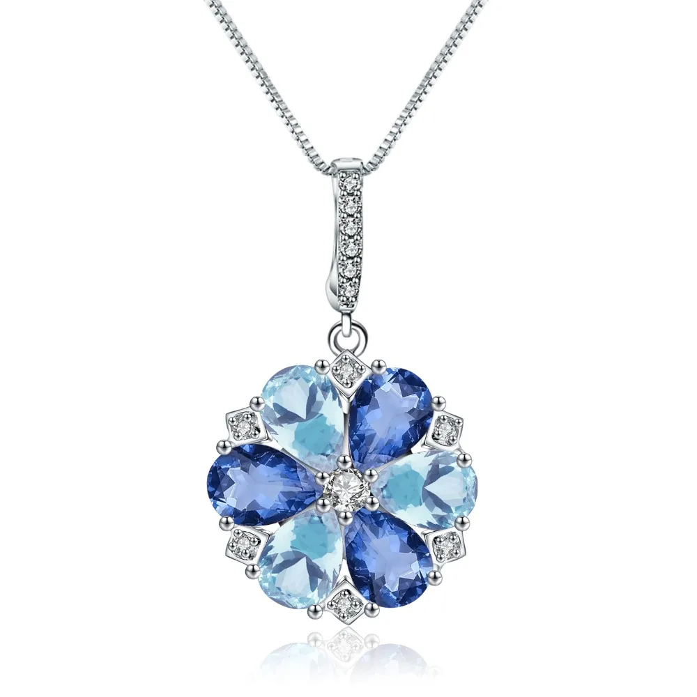 

GEM'S BALLET 925 Sterling Silver Flower Pendant Necklace Natural Mystic Quartz Sky Blue Topaz Gemstone for Women Fine Jewelry