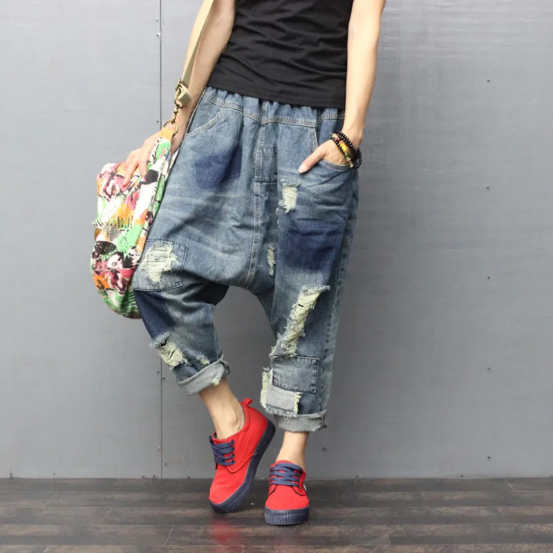 TIYIHAILEY Ankle Length Pants for Women, Denim Trousers, Elastic Waist, Casual Patchwork 3/4 Pants with Holes New Fashion 2025