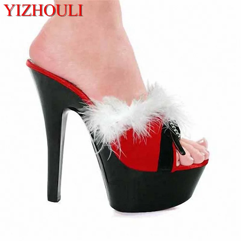 

15cm Red lovely open-toed Slippers. Pure white rabbit hair slippers. Nightclubs shoes high with interest women's Dance Shoes