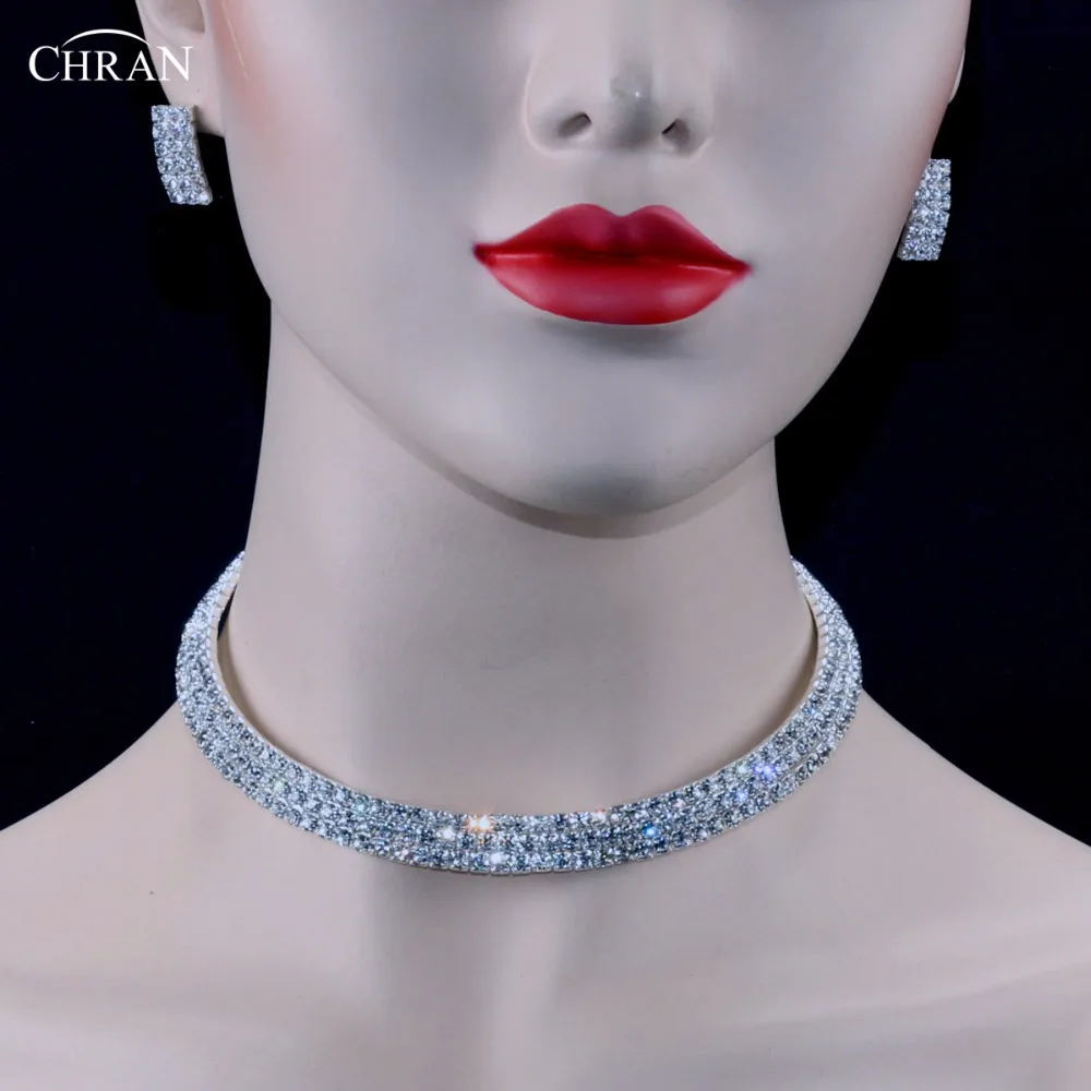 

CHRAN Classic Sparkling 3 Rows Rhinestone Women Bridal Jewelry Sets Promotion Silver Plated Simple Crystal Wedding Jewelry Set