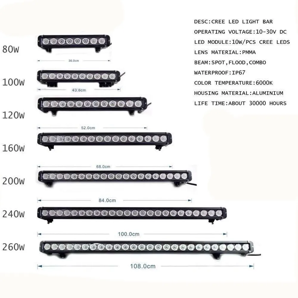 

Auto 80W 100W 120W 160W 180W 240W 260W offroad Led Work Light Bar 13" 17" 20" 27" 30" 40" 42 Inch 4X4 4WD Car 12V Bar Light