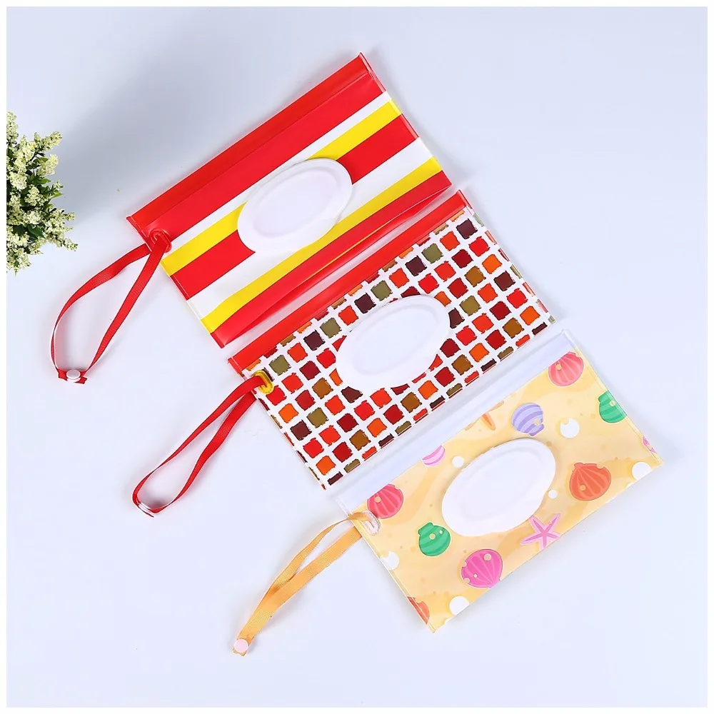 Portable Baby Wet Wipes Storage Bag Stroller Carrying Case Easy Carry Snap Strap Wipes Container Clamshell Cosmetic Pouch