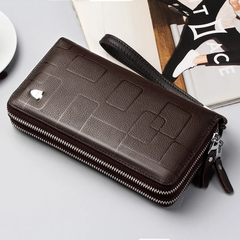 New Genuine Leather Multifunctional Long Wallet Cow Leather Zipper Money Clip Men's Simple Design Business Clutch Cellphone bag