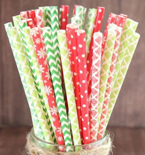 

DHL Free Shipping 1000pcs Paper Straws Bulk,Green Red Damask Chevron Dot Snowflake Christams Drinking Paper Straws Party Decor