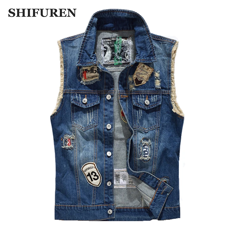 

SHIFUREN Ripped Denim Vest Men Fashion Patch Designs Cowboy Frayed Jeans Sleeveless Jackets Punk Rock Motorcycle Waistcoat