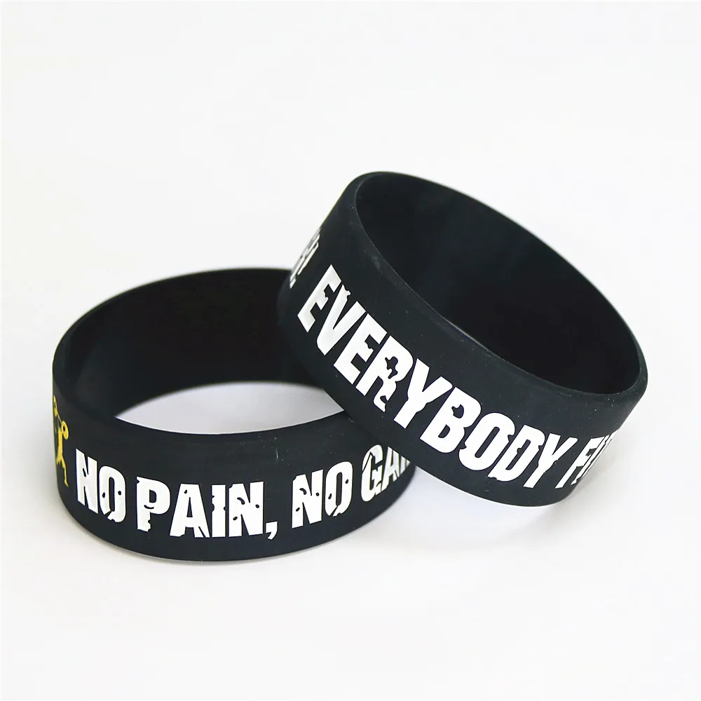 Hot Sale 1PC Everybody Fit No Pain No Gain Silicone Wristband Wide Band Motto Rubber Bracelets & Bangles Armband Gift SH078