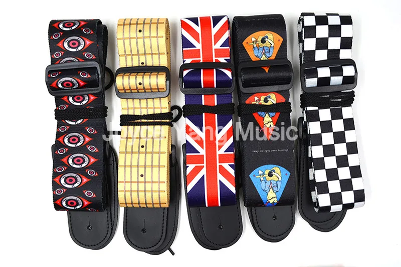 Niko Printed 10-Pattern Nylon Acoustic Electric Guitar Strap Leather Ends Rock/UK Flag/Guitar/Finger Board/Checker/Lucky Cat