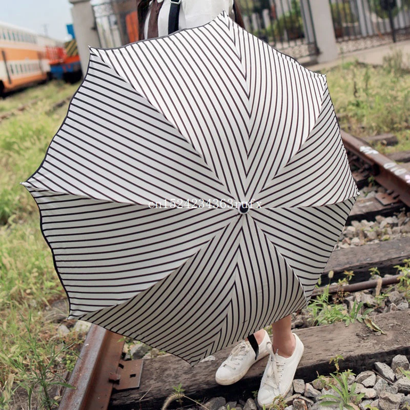 10 pcs Folding Umbrella  Delicate Multi-function Sun Rain Umbrellas Woman Girl Simple Stripe Black Coating Anti UV Parasol