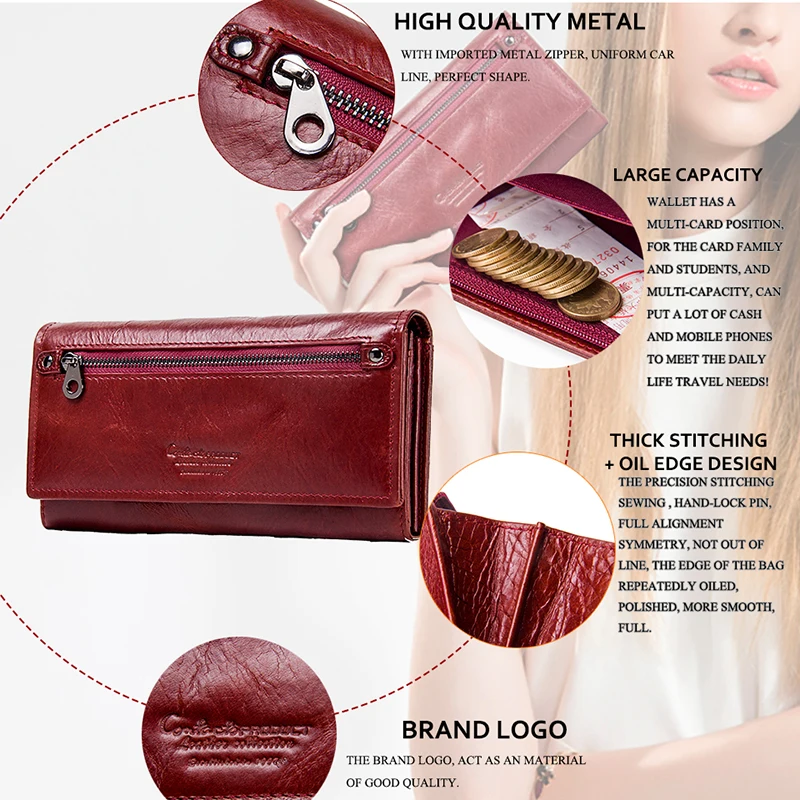 Contato long s moda longo bolsa carteira de couro genuíno feminino marca de luxo embreagem carteiras telefone bolso titular do cartão carteras