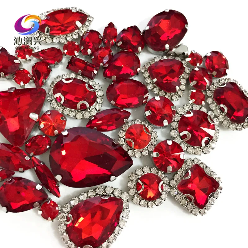 Mix Shape Red Crystal Buckle Glass Rhinestones, Silver Bottom, DIY Clothing Sewing Accessories, Used for Needlework, 50Pcs/bag