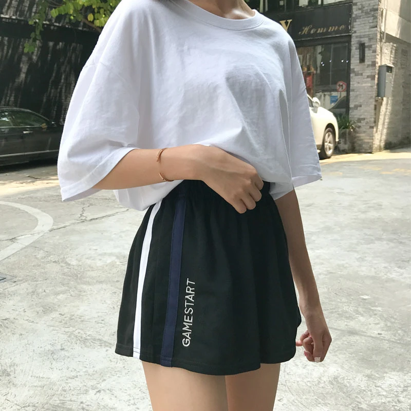 Letters Embroidery Elastic Waist Shorts Women Black Side Stripe Loose Sport Shorts Feminino Summer Casual Wide Leg Shorts Women